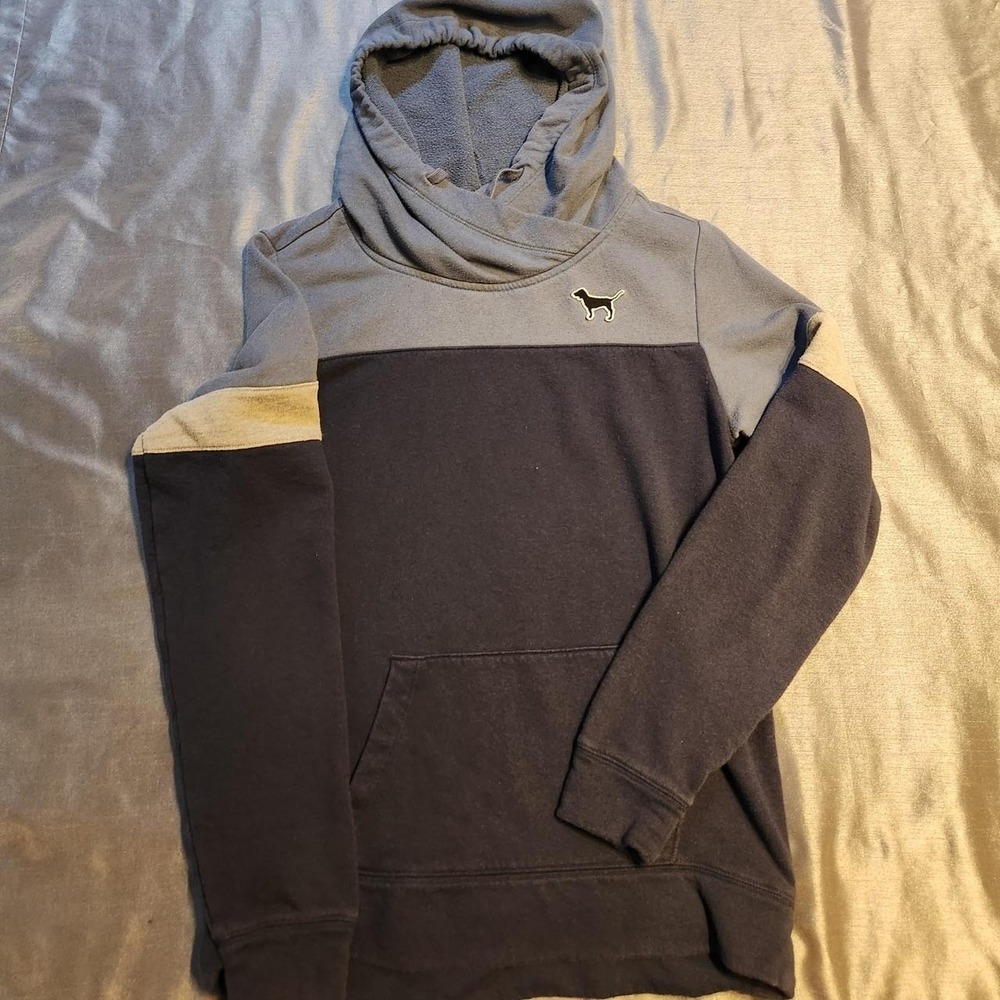 Victoria's Secret PINK‎ Colorblock Sequin Logo Cowl Neck Hoodie Navy Blue XS